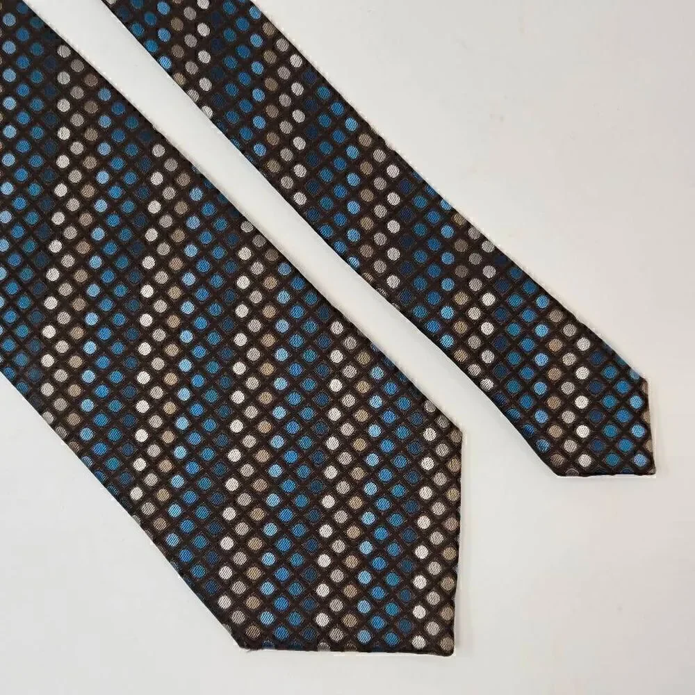 ANGELO LITRICO SILK TIE BLUE BROWN POLKA DOT STRIPE ART DECO STYLE 3.75